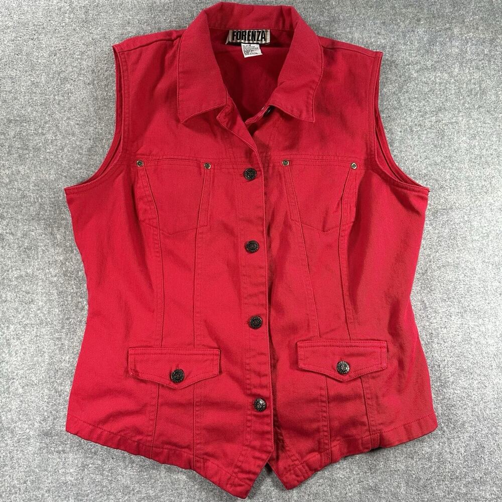 Forenza Red Denim Button Front Collared Vest Sleeveless Pockets Short Women's L